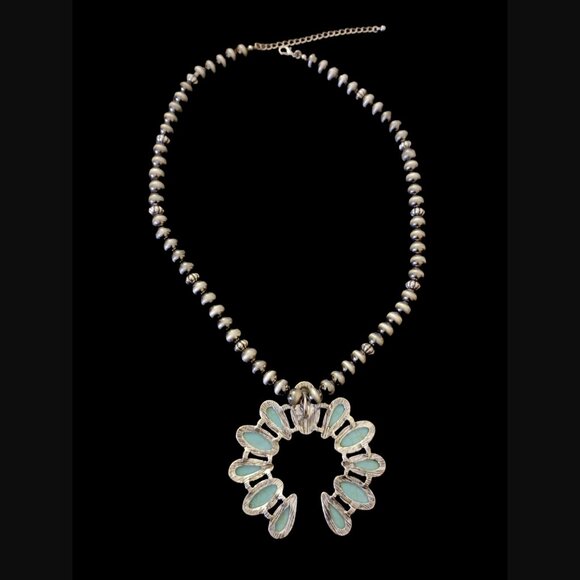 South West Style Squash Blossom Silver Tone Acrylic Beaded Necklace - Picture 6 of 6